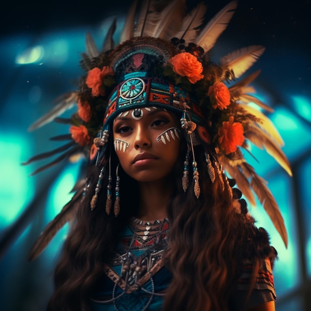 Afbeelding van een jonge Indiase vrouw die een inheemse hoofddoek en inheemsenkleding draagt