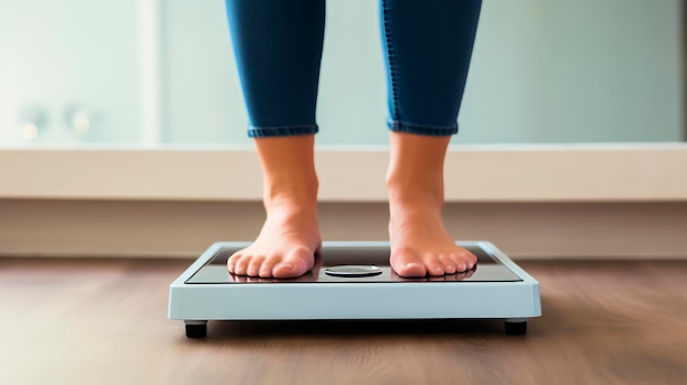 Afbeelding van een jonge vrouw met overgewicht op de weegschaal die het concept van dieet en gewichtsverlies benadrukt