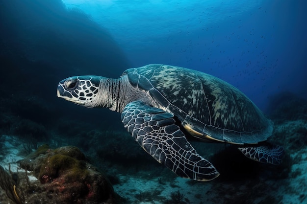 Afbeelding van een karetschildpad die onder de zee zwemt onderwater dieren illustratie generatieve AI