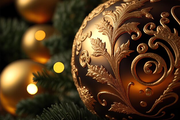 Afbeelding van een kerstboom met gouden versieringen van dichtbij