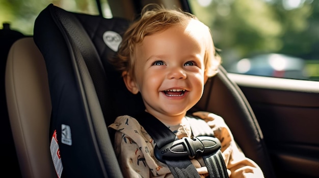 Afbeelding van een kind van 1 jaar dat in een Britax Frontier-autostoeltje rijdt met een 5-puntsgordel GENERATE AI