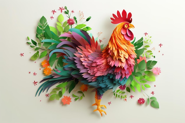 Afbeelding van een kip omringd door kleurrijke tropische bloemen Boerderijdieren Illustratie Generatieve AI