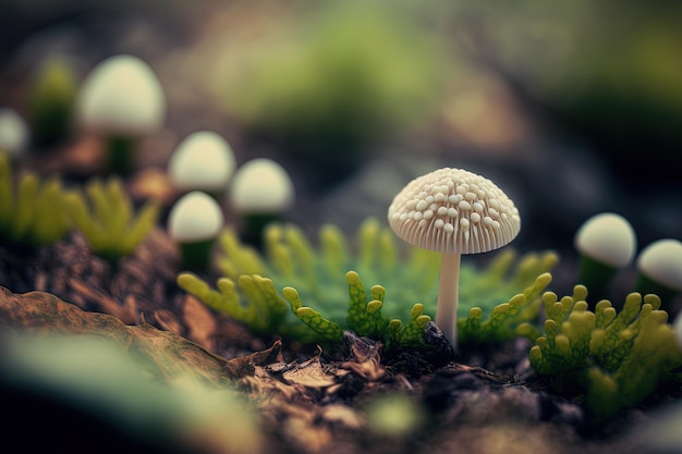 Afbeelding van een kleine paddenstoel die in het bos groeit in selectieve focus