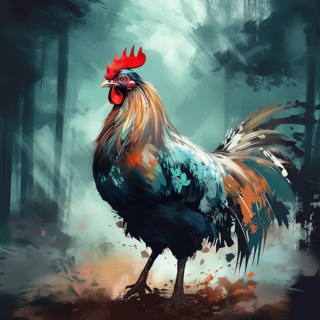 Afbeelding van een kleurrijke kip die op een natuurlijke achtergrond staat. Illustratie van een boerderijdier. Generatieve AI.