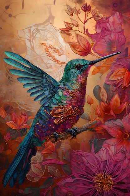 Afbeelding van een kolibrie op een tak met bloemen op de achtergrond Generatieve AI