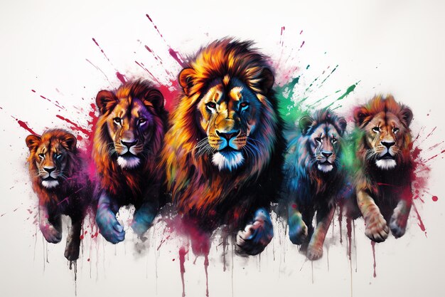 Afbeelding van een kudde kleurrijke leeuwen op witte achtergrond Wildlife Animals Generative AI Illustration