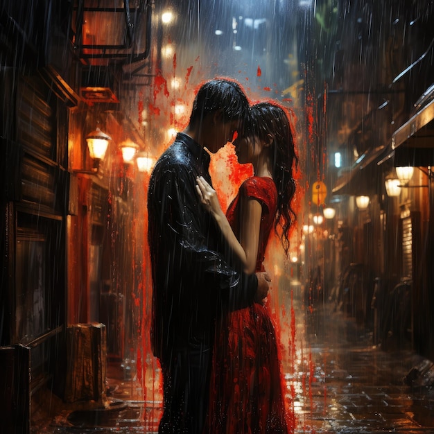 afbeelding van een kussend paar op straat in de regen