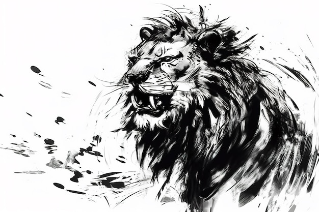 Afbeelding van een leeuw tekenen met een penseel en zwarte inkt op witte achtergrond Wildlife Animals Illustratie generatieve AI