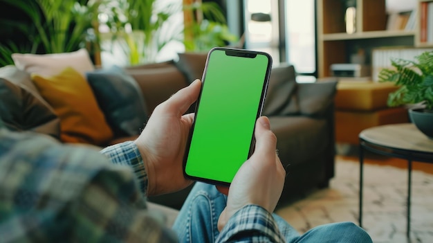 Afbeelding van een mobiele telefoon met een groen scherm sjabloon man zit op de bank met de handen vast en kijkt naar de cel