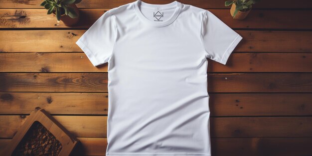 Afbeelding van een mockup van een t-shirt met een minimalistisch ontwerp plat gelegd op een rustieke tafel met zachte verlichting
