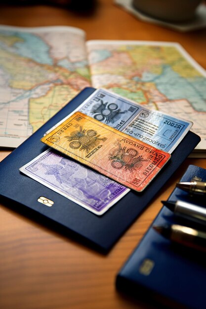 Foto afbeelding van een open paspoort met visumstempels op de tafel, stempels van verschillende landen