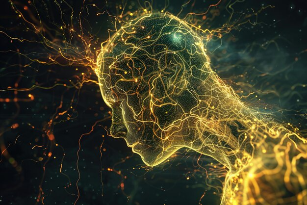 Afbeelding van een persoon die wordt omschreven door verlichte zenuwpaden en neurale structuren die de co