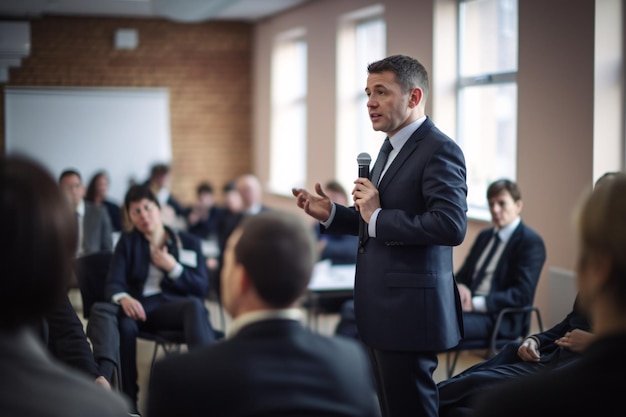 Afbeelding van een professional die presentaties geeft aan een publiek Generatieve Ai