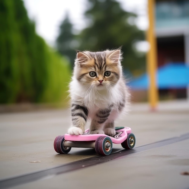 afbeelding van een schattige kat die op een skateboard rijdt