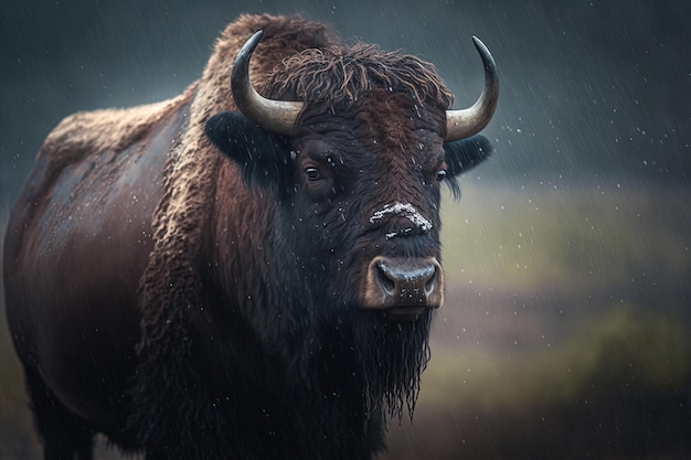 afbeelding van een staande buffel in de regen