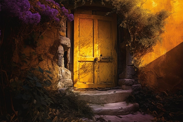Afbeelding van een stenen deur met planten en gele deur
