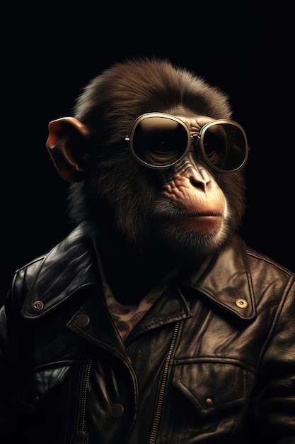 Afbeelding van een stijlvolle coole aap die een zonnebril draagt als mode en een lederen jas draagt Moderne mode Dieren Illustratie Generatieve AI