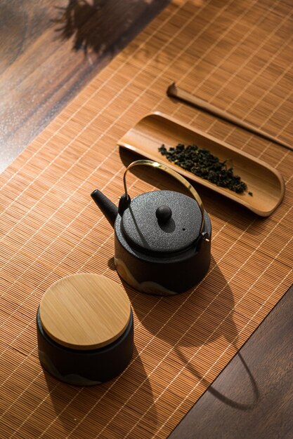 Afbeelding van een theesetpersoon die thee in Aziatische stijl maakt, theekop en theepot