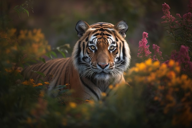 Afbeelding van een tijger omgeven door kleurrijke tropische bloemen in een prachtige tuin Wildlife Animals Illustratie Generatieve AI