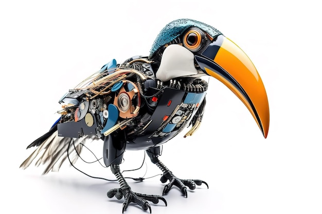 Afbeelding van een toekan gewijzigd in een robot op een witte achtergrond Vogels Wilde dieren illustratie generatieve AI