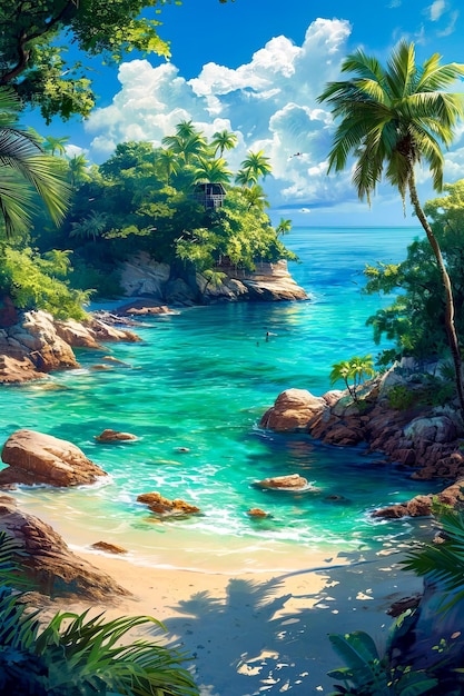 Afbeelding van een tropisch eiland met een watermassa met een persoon en een vogel erin