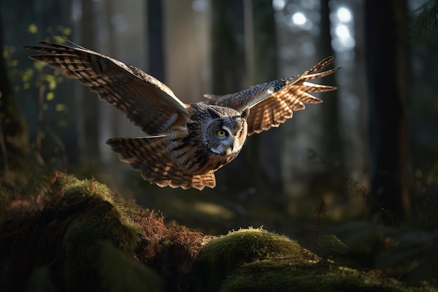 Afbeelding van een uil vliegt in het bos wilde dieren vogelillustratie generatieve ai