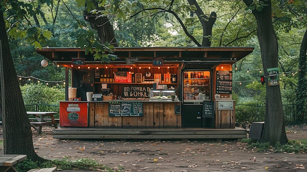Afbeelding van een voedselverkoper met houten raamwerk en blikjes in een park met bomen Generatieve AI