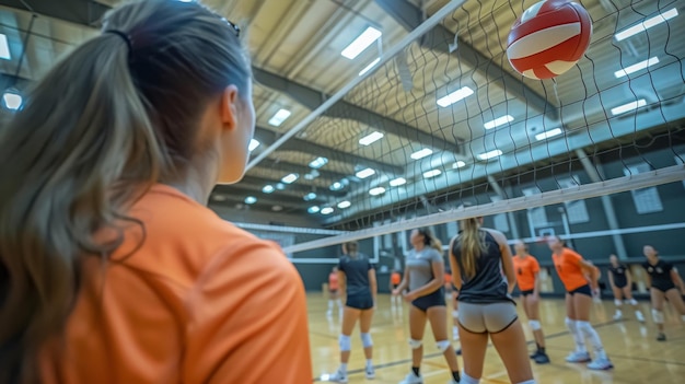 Foto afbeelding van een volleybalteam dat in een overdekte sportschool oefent met de coach die de spelers begeleidt en een close-up van het volleybalnet