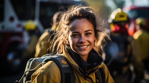 Afbeelding van een vrouw brandweerman in helm en masker staande in de buurt van brandweerwagen