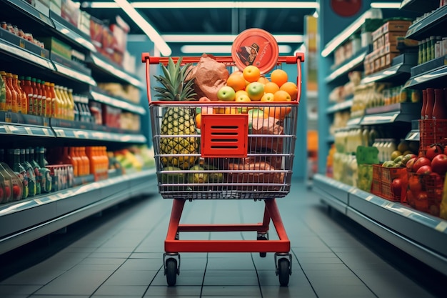 Afbeelding van een winkelwagentje vol producten in een supermarkt