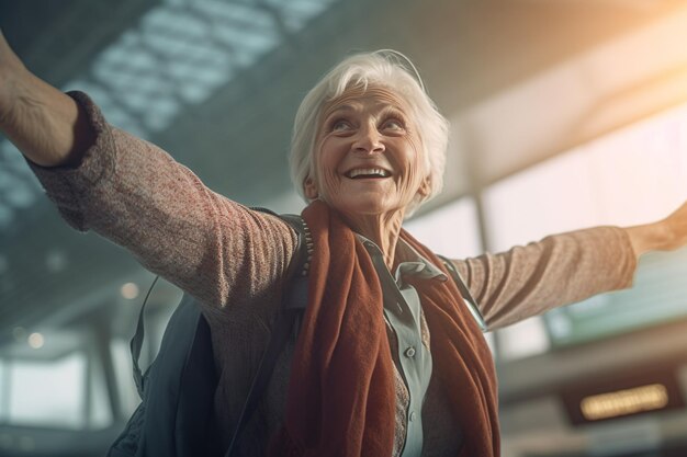 Foto afbeelding van een zeer gelukkige oude vrouw op de luchthaventerminal