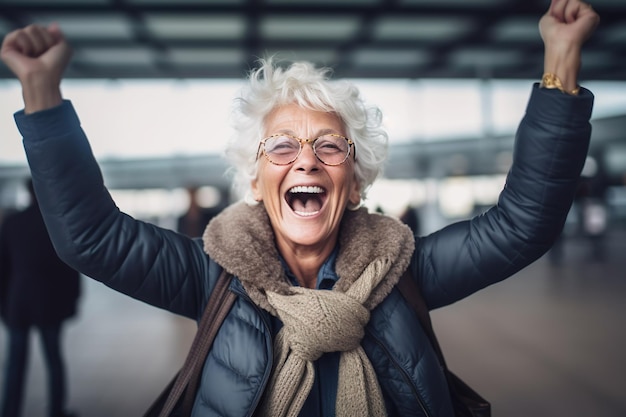 Foto afbeelding van een zeer gelukkige oude vrouw op de luchthaventerminal