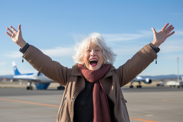 Afbeelding van een zeer gelukkige oude vrouw op de luchthaventerminal