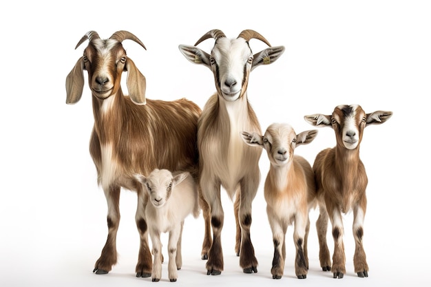 Afbeelding van familie groep geiten op witte achtergrond Boerderijdieren Illustratie Generatieve AI