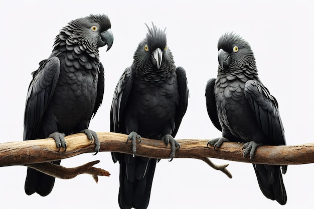 Afbeelding van familiegroep zwarte kaketoe Palmkaketoe Goliath op de tak op witte achtergrond Vogels Dieren in het wild Dieren Illustratie Generatieve AI