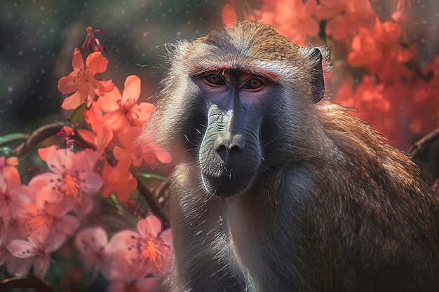 Afbeelding van felgekleurde baviaan met kleurrijke tropische rode bloemen Wildlife Animals Illustratie Generatieve AI