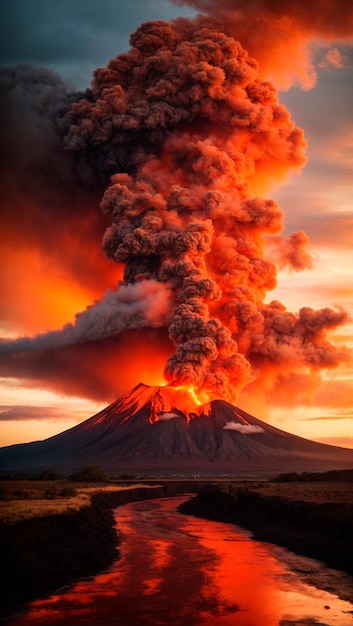 Foto afbeelding van gesmolten lava die uit een uitbarstende vulkaan wordt gespuwd