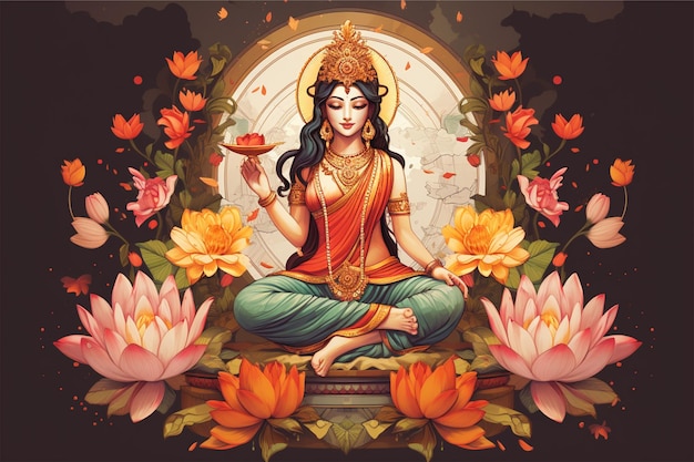 afbeelding van godin Lakshmi die op een lotus zit met bloemen