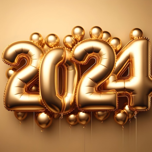 Afbeelding van gouden vetgedrukte cijfers en kleine ballonnen voor nieuwjaar 2024