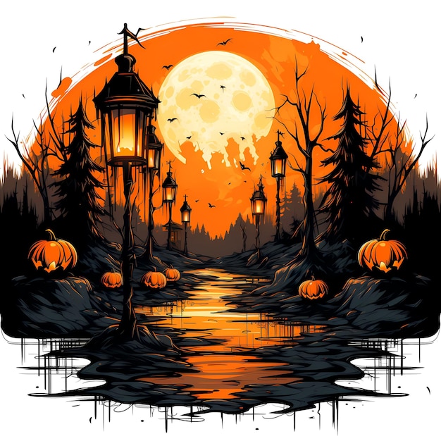 Afbeelding van Halloween-scène met lantaarn en pompoenen Generatieve AI