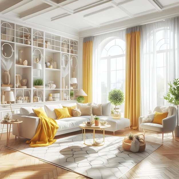 Afbeelding van het interieur van de woonkamer met witte achtergrond en geel gordijn