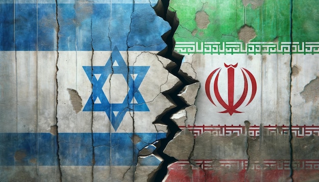 Afbeelding van het Iran-Israël-conflict met nationale vlaggen en militaire silhouetten