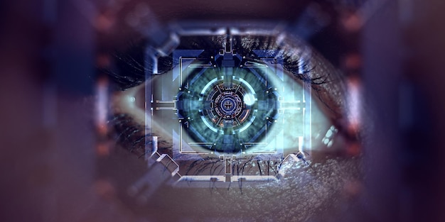 Afbeelding van het menselijk oog tijdens het scannen. Gemengde media