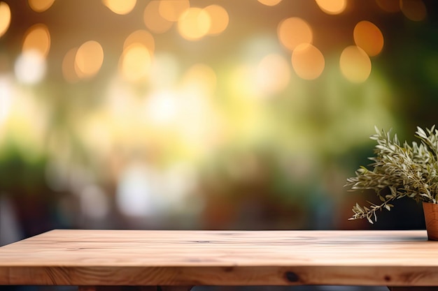 Afbeelding van houten tafel voor abstracte onscherpe achtergrond gemaakt van planten Generatieve AI