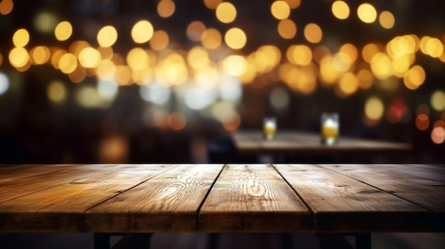 Afbeelding van houten tafel voor abstracte onscherpe achtergrond van restaurantverlichting AI generatief