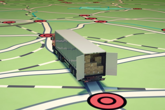 Foto afbeelding van kaart van straten met vrachtwagen geladen stapel verpakte dozen. 3d-weergave