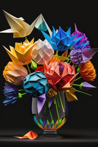 Afbeelding van kleurrijke origami papieren bloemen op zwarte achtergrond gemaakt met behulp van generatieve AI-technologie