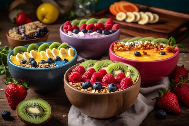 Afbeelding van kleurrijke smoothiekommen met toppings van vers fruit Generatieve Ai