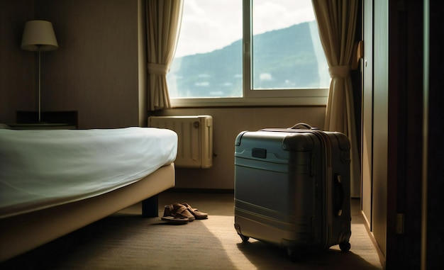 Afbeelding van koffer op wielen in hotelkamer