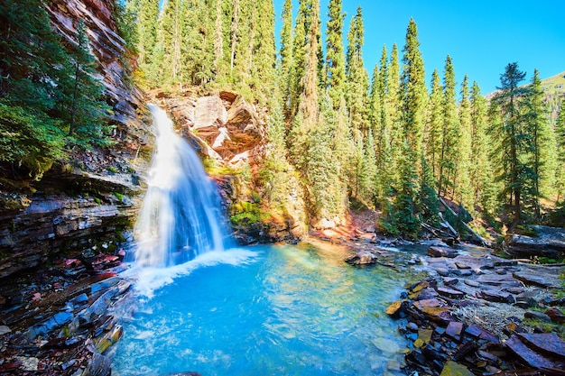 Afbeelding van majestueuze en levendige blauwe waterval over canyons in kloof met bos van pijnbomen